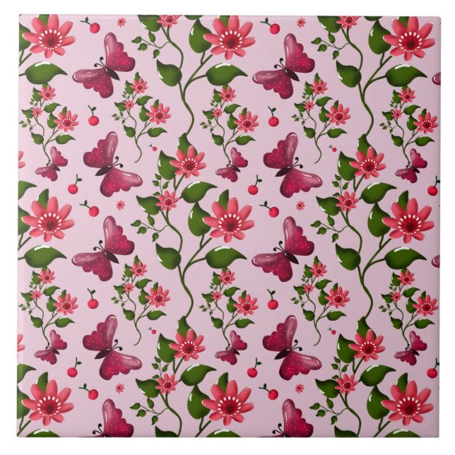 Azulejo Cute Cherry Butterfly Pattern, Glossy Kawaii Fruit (Frente)