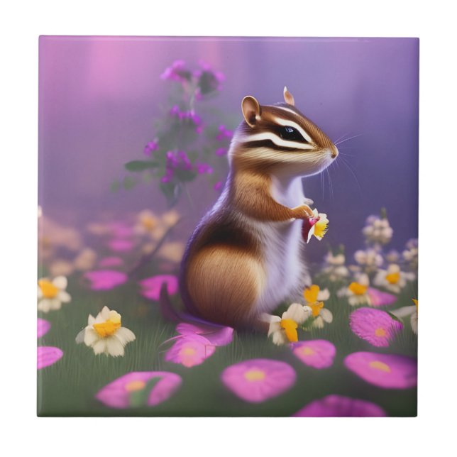 Azulejo Cute Chipmunk en las flores (Frente)