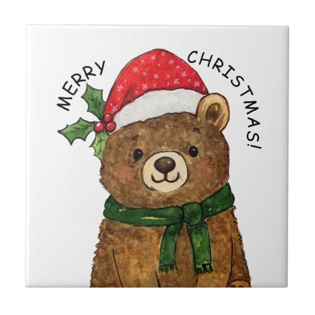Azulejo Cute christmas bear with santa hat (Frente)