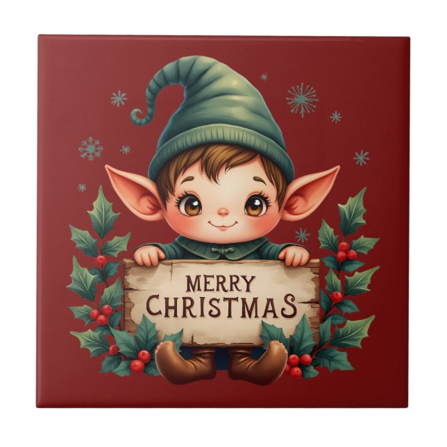 Azulejo Cute Christmas Elf Holding Merry Sign (Frente)