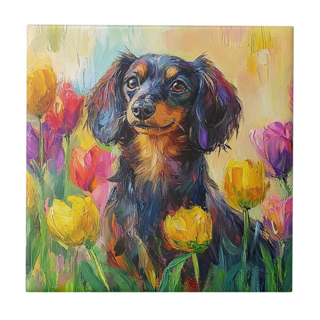 Azulejo Cute Dachshund Colorful Tulips Pintura (Frente)