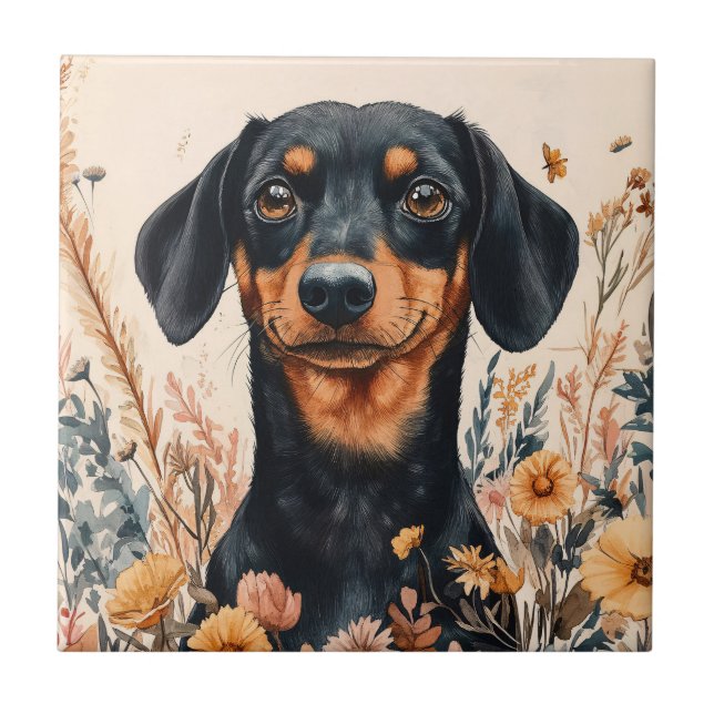 Azulejo Cute Dachshund con pintura de flores silvestres (Frente)