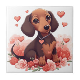 Azulejo Cute Dachshund Cuppy con Corazones