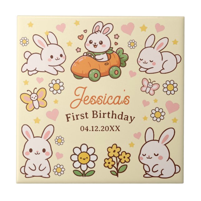Azulejo Cute Easter Bunnies Whimsical 1st Birthday (Frente)