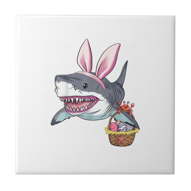 Azulejo Cute Easter Shark Bunny Ears Basket Eggs Happy Eas (Frente)
