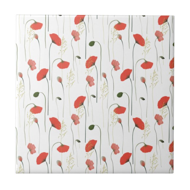 Azulejo Cute Floral Red Poppy Pattern Ceramic Tile (Frente)