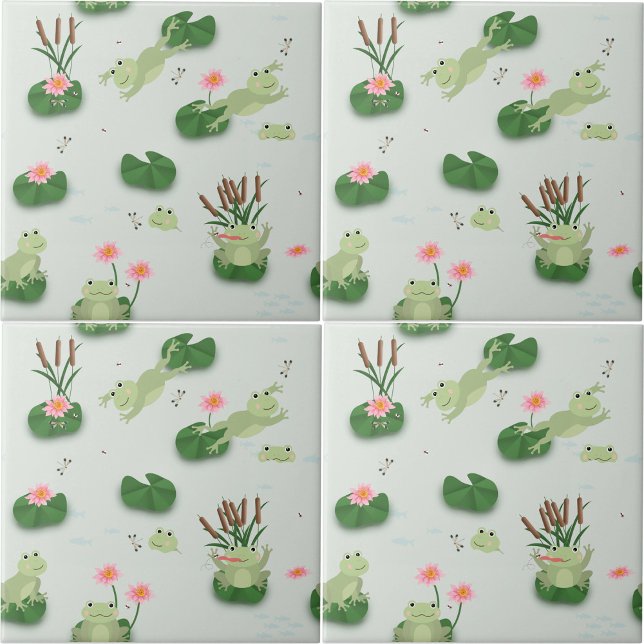 Azulejo Cute Frogs in Lily Pond Nursery Gender Neutral (Cute Frogs in Lily Pond Nursery Gender Neutral Ceramic Tile)