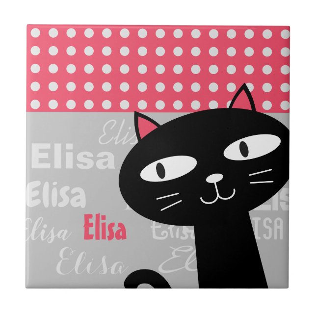 Azulejo Cute gato negro rosado puntos de polka agregar tu  (Frente)