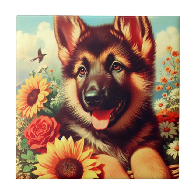 Azulejo Cute German Shepherd Pinting (Frente)