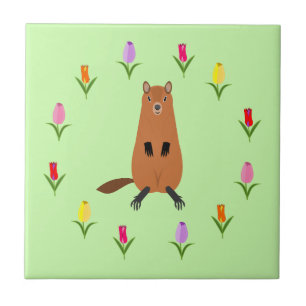 Azulejo Cute Groundhog y Tulip Flowers