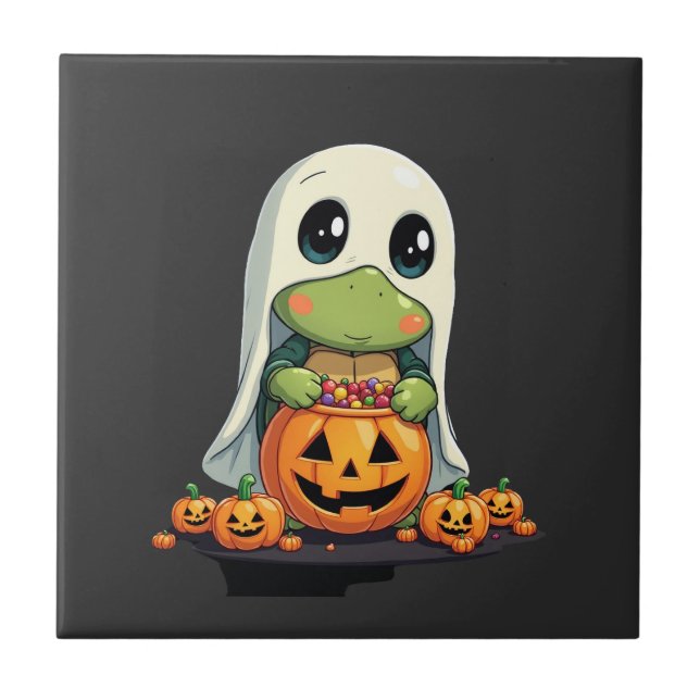 Azulejo Cute Halloween Turtle Ghost with Candy (5) (Frente)