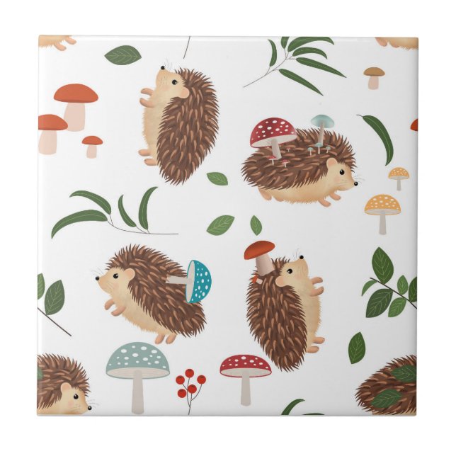 Azulejo Cute Hedgehog Mushrooms Woodland Forest Animal (Frente)