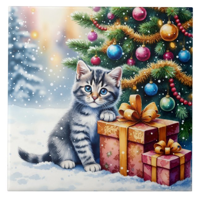 Azulejo Cute Kitten Under Christmas Tree (Frente)