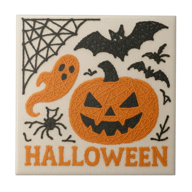 Azulejo Cute Knitted Pumpkin Bat Halloween (Frente)