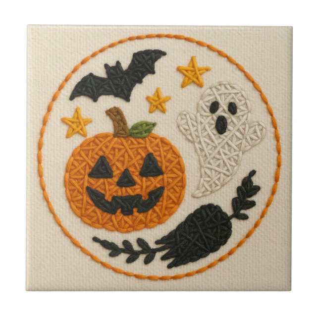 Azulejo Cute Knitting Pumpkin Halloween (Frente)