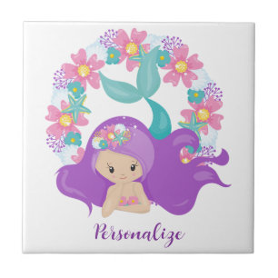 Azulejo Cute Little Girl Mermaid Morado Rosa Personalizado