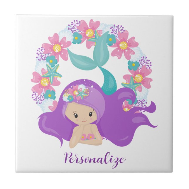 Azulejo Cute Little Girl Mermaid Purple Pink Personalized (Frente)