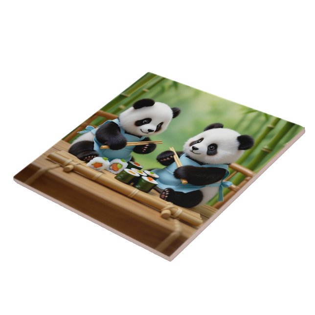 Azulejo Cute Panda Bear Cubs Preparing Sushi (Lado)