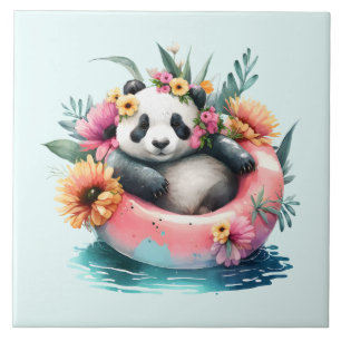 Azulejo Cute Panda relajándose en un flotador