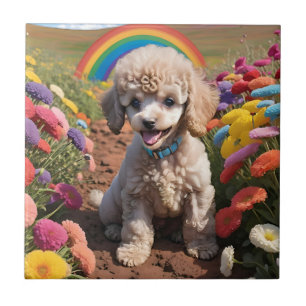 Azulejo Cute Poodle Flor colorida y arcoiris