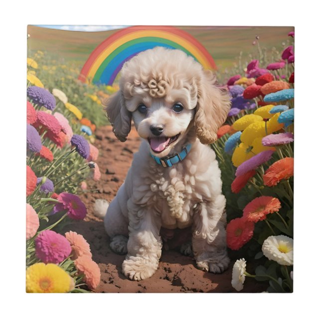 Azulejo Cute Poodle Flor colorida y arcoiris (Frente)