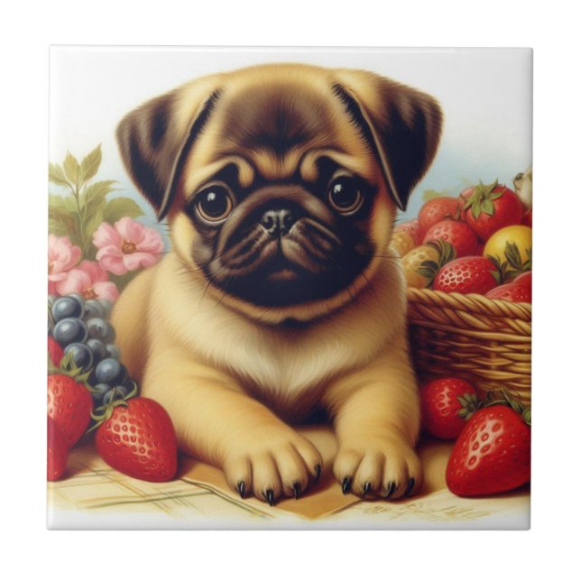 Azulejo Cute Pug Pintura de época (Frente)