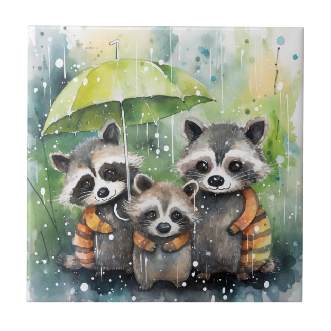 Azulejo Cute Raccoons in the Rain (Frente)