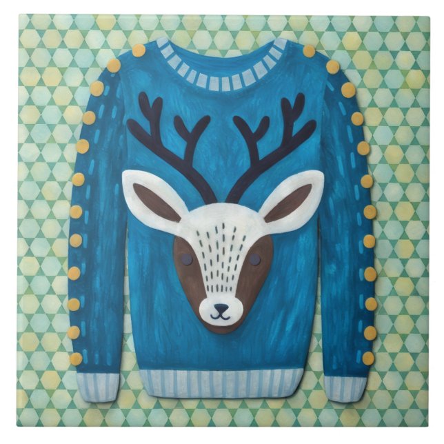 Azulejo Cute Reindeer Ugly Sweater Holiday Art Tile (Frente)