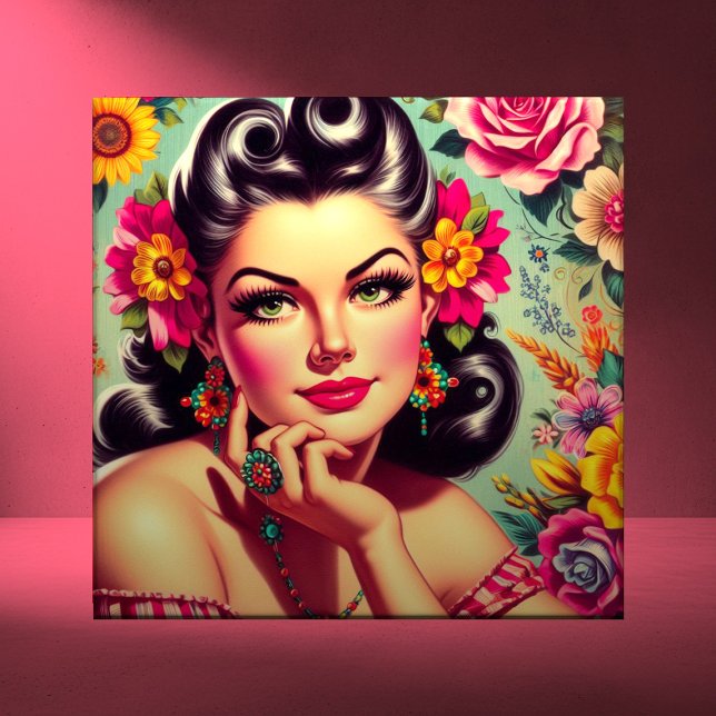 Azulejo Cute Retro Floral Pin-up Portrait (Subido por el creador)