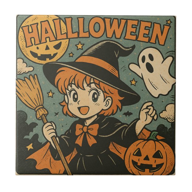Azulejo Cute retro Japanese cartoon Halloween (Frente)