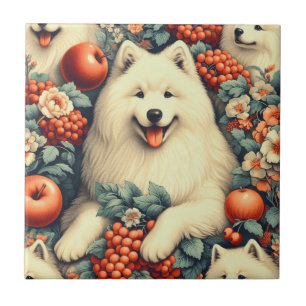 Azulejo Cute Samoyed Floral Pintura