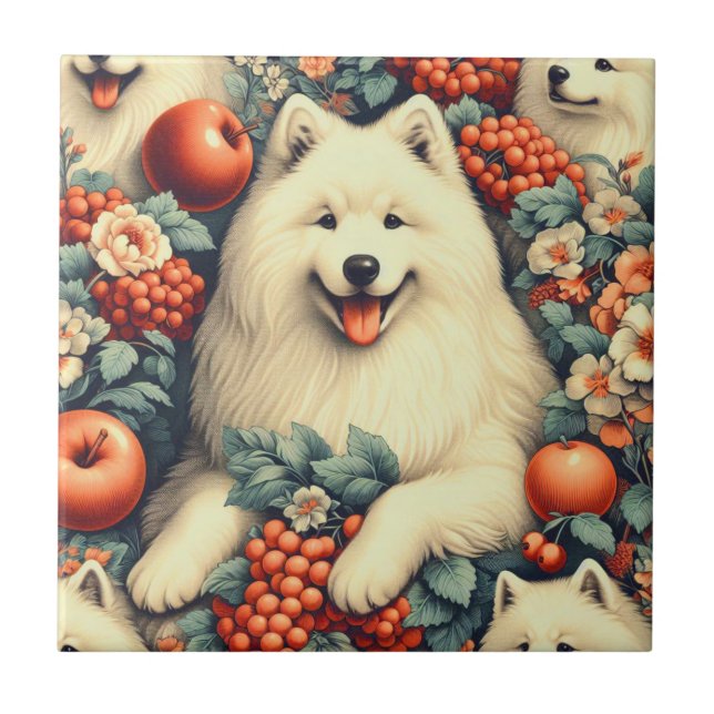 Azulejo Cute Samoyed Floral Pintura (Frente)