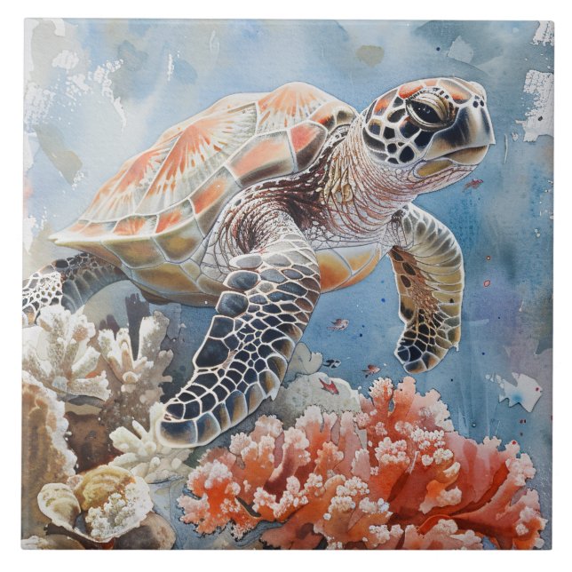 Azulejo Cute Sea Turtle Watercolor Pintado (Frente)