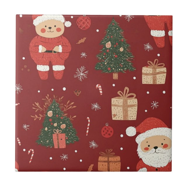 Azulejo Cute Teddy Bear & Santa on Red (2) (Frente)