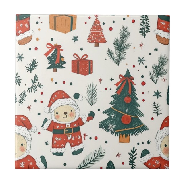 Azulejo Cute Teddy Bear & Santa on White (1) (Frente)