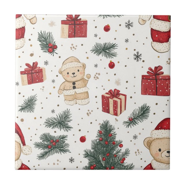 Azulejo Cute Teddy Bear & Santa on White (3) (Frente)