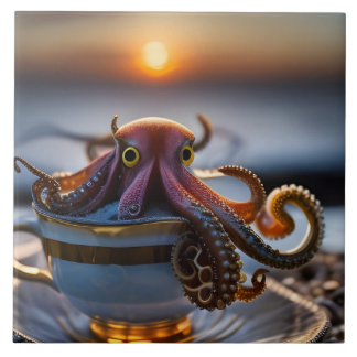 Azulejo  Cute tiny octopus in a teacup at sunrise