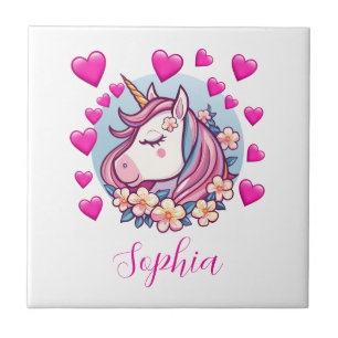 Azulejo Cute Unicornio, Corazones y Flores Rosas, Nombre P