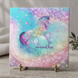 Azulejo Cute unicornio rosa Glitter arcoíris aqua monogram