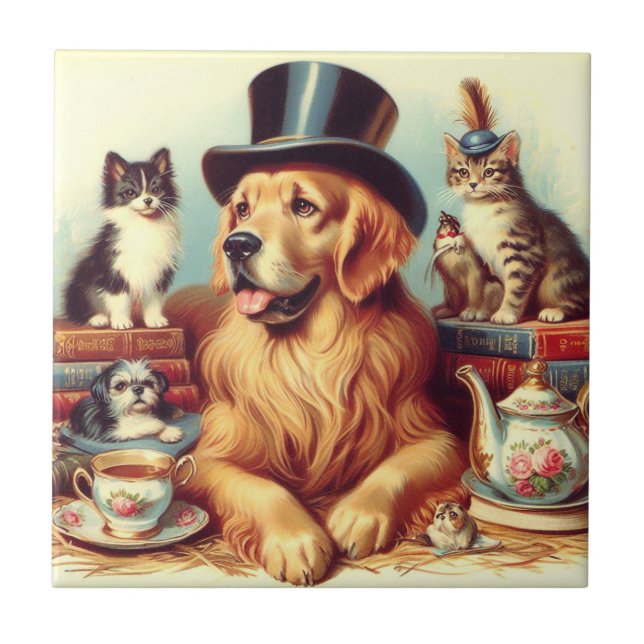 Azulejo Cute Vintage Dog Pintura (Frente)