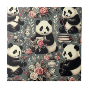 Azulejo Cute Vintage Panda Floral