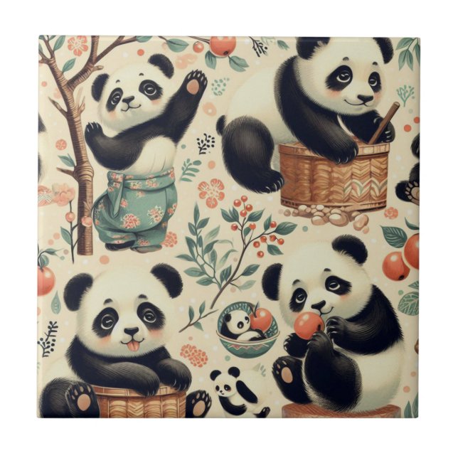 Azulejo Cute Vintage Panda Seamless Painting (Frente)