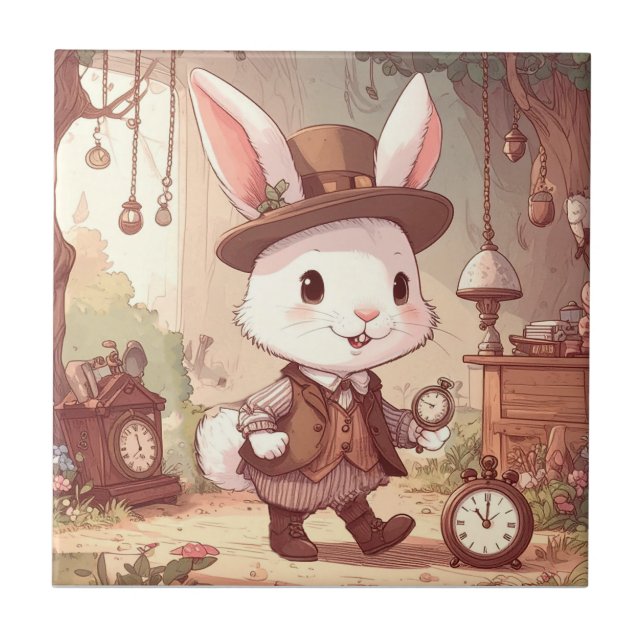 Azulejo Cute White Rabbit Wonderland Whimsical Timekeeper (Frente)
