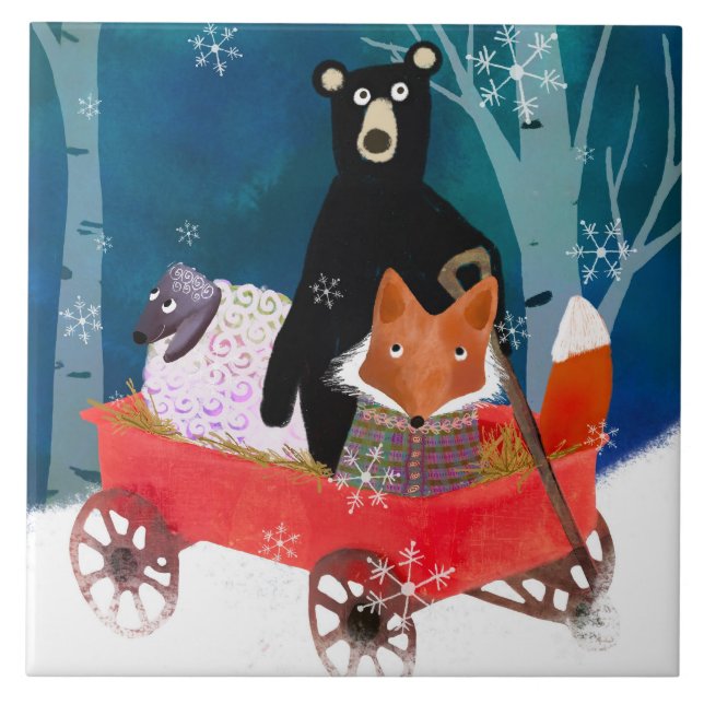 Azulejo Cute Winter Friends in Red Wagon Ceramic Tile (Frente)