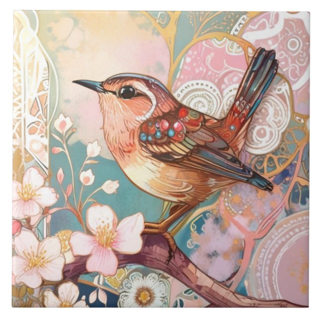 Azulejo Cute Wren Bird Art Nouveau Deco Inspo Floral (Frente)