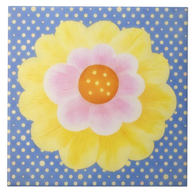 Azulejo Cute Yellow Flower on Blue Decorative Tile (Frente)