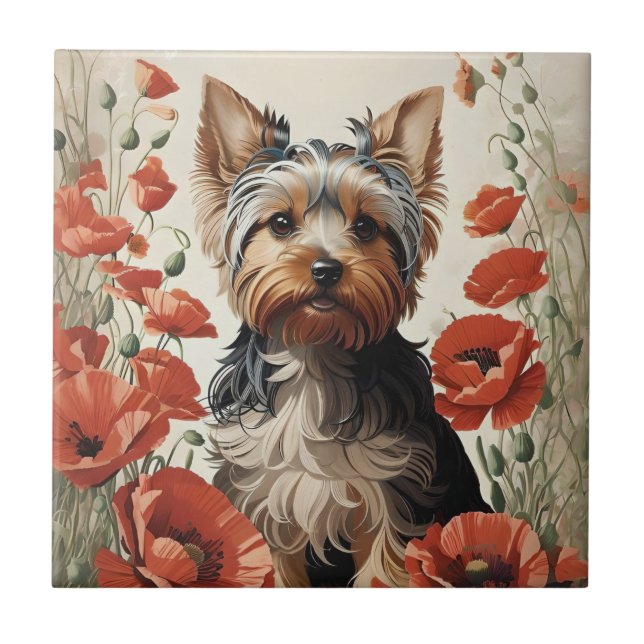 Azulejo Cute Yorkshire Terrier Botaner Red Poppies (Frente)