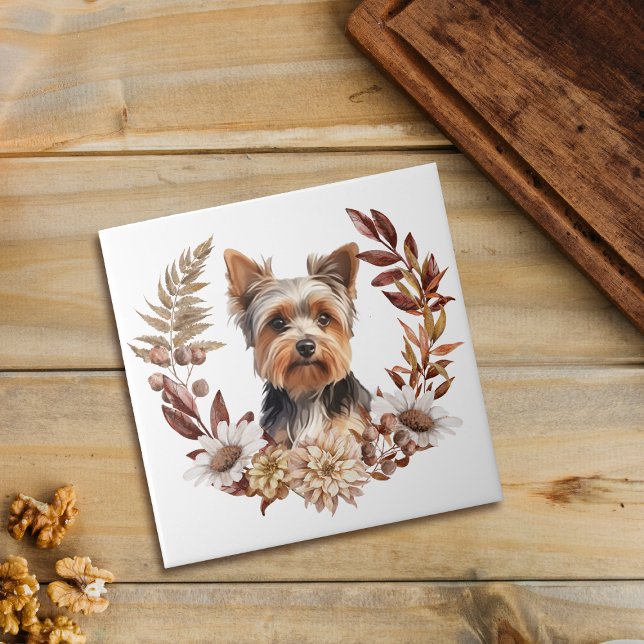 Azulejo Cute Yorkshire Terrier Dog Otumn Wreath (Subido por el creador)
