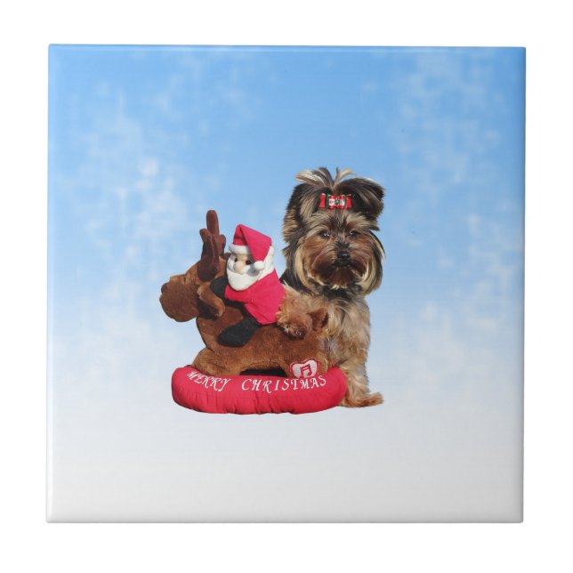 Azulejo Cute Yorkshire Terrier Merry Christmas (Frente)