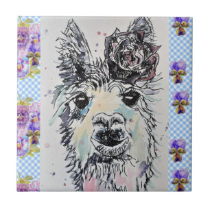 Azulejo Cuto Alpacca Llama Acuarela Floral Tile Cerámico